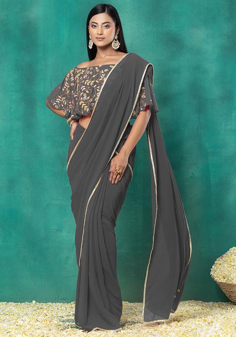 Grey Pre-Stitched Saree Set With Sequin Hand Embroidered Off Shoulder Blouse