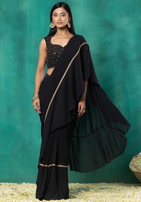 Black Pre-Stitched Saree Set With Sequin Bead Hand Embroidered Blouse