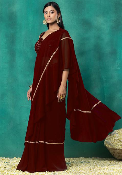 Maroon Pre-Stitched Saree Set With Sequin Bead Hand Embroidered Blouse