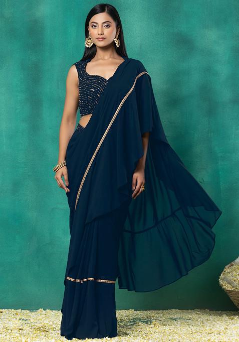 Teal Pre-Stitched Saree Set With Sequin Bead Hand Embroidered Blouse