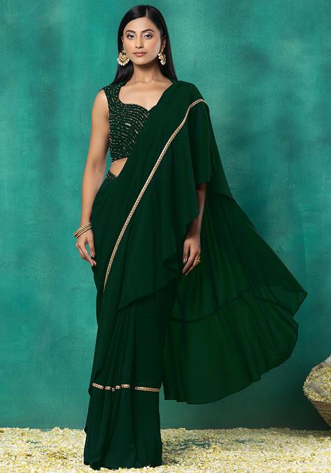 Deep Green Pre-Stitched Saree Set With Sequin Bead Hand Embroidered Blouse