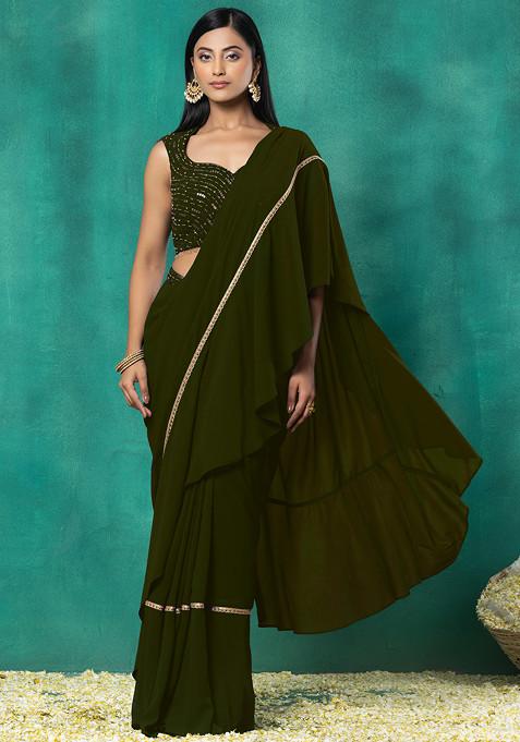 Olive Green Pre-Stitched Saree Set With Sequin Bead Hand Embroidered Blouse