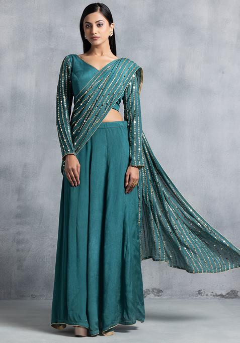 Dark Green Pre-Stitched Saree Set With Cutdana Sequin Embellished Blouse