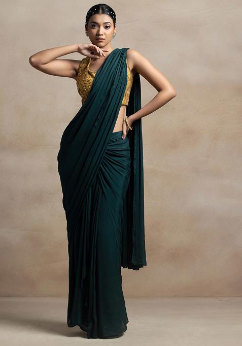 Deep Green Pre-Stitched Saree Set With Golden Sequin Embellished Blouse