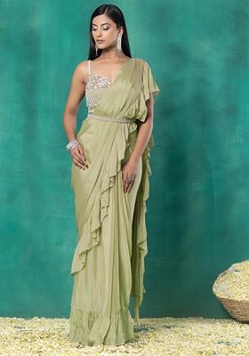 Pastel Green Pre-Stitched Saree Set With Floral Sequin Bead Hand Embroidered Blouse And Belt