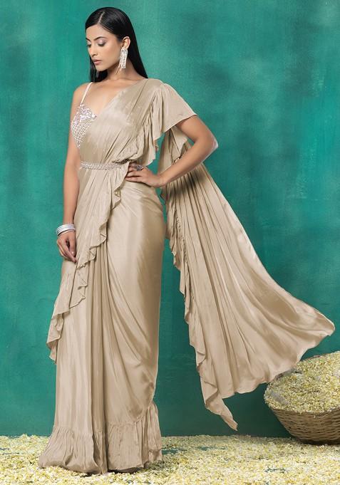 Beige Pre-Stitched Saree Set With Floral Sequin Bead Hand Embroidered Blouse And Belt