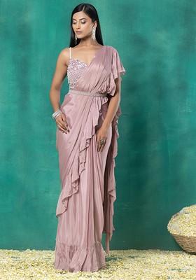 Dusty Pink Pre-Stitched Saree Set With Floral Sequin Bead Hand Embroidered Blouse And Belt