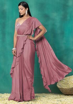 Rusty Red Pre-Stitched Saree Set With Floral Sequin Bead Hand Embroidered Blouse And Belt