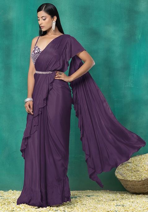 Deep Purple Pre-Stitched Saree Set With Floral Sequin Bead Hand Embroidered Blouse And Belt