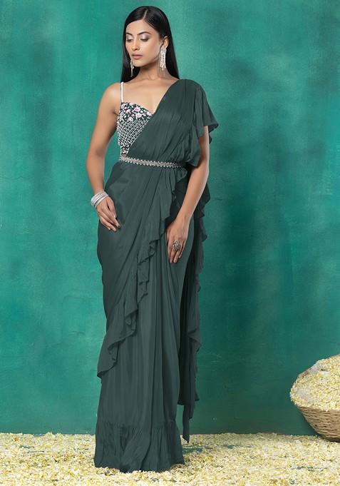 Deep Green Pre-Stitched Saree Set With Floral Sequin Bead Hand Embroidered Blouse And Belt
