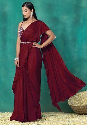Maroon Pre-Stitched Saree Set With Floral Sequin Bead Hand Embroidered Blouse And Belt