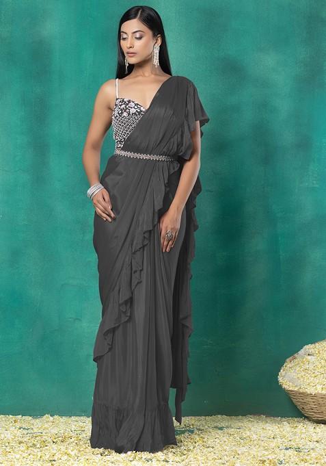 Grey Pre-Stitched Saree Set With Floral Sequin Bead Hand Embroidered Blouse And Belt