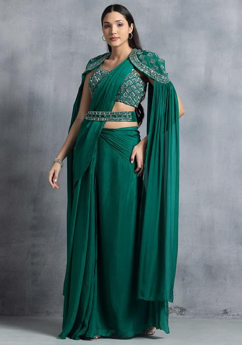 Forest Green Pre-Stitched Saree And Hand Embroidered Blouse Set With Belt And Cape