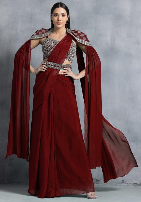 Red Pre-Stitched Saree And Hand Embroidered Blouse Set With Belt And Cape