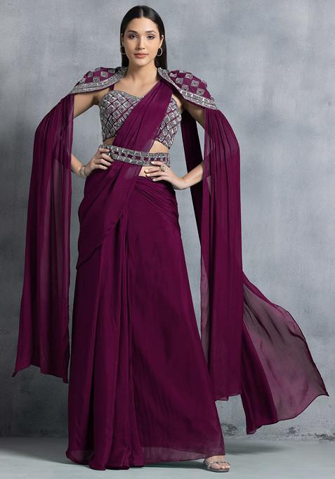 Dark Purple Pre-Stitched Saree And Hand Embroidered Blouse Set With Belt And Cape