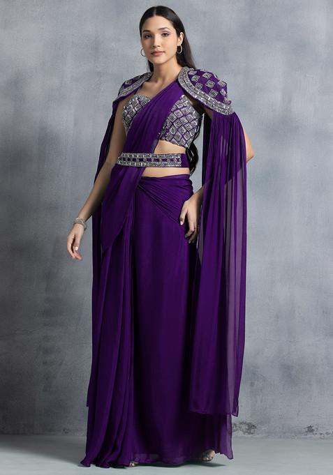 Purple Pre-Stitched Saree And Hand Embroidered Blouse Set With Belt And Cape