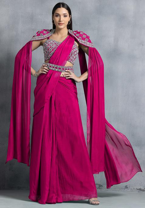Hot Pink Pre-Stitched Saree And Hand Embroidered Blouse Set With Belt And Cape