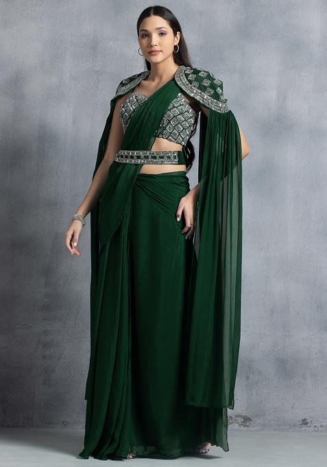 Green Pre-Stitched Saree And Hand Embroidered Blouse Set With Belt And Cape