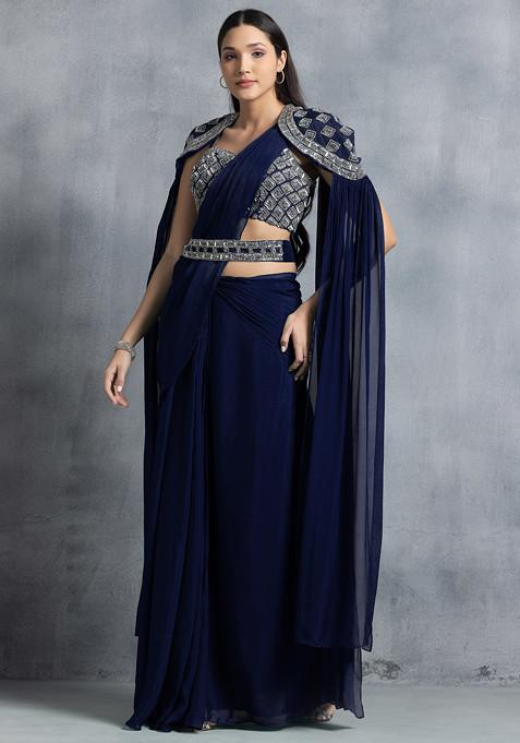Blue Pre-Stitched Saree And Hand Embroidered Blouse Set With Belt And Cape