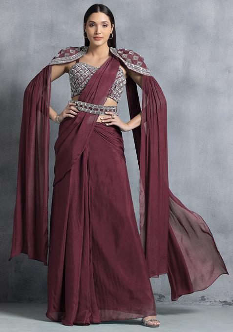 Rusty Rose Pre-Stitched Saree And Hand Embroidered Blouse Set With Belt And Cape