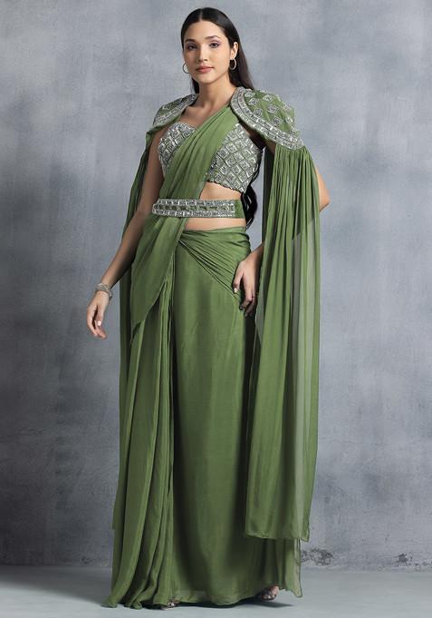 Pastel Green Pre-Stitched Saree And Hand Embroidered Blouse Set With Belt And Cape
