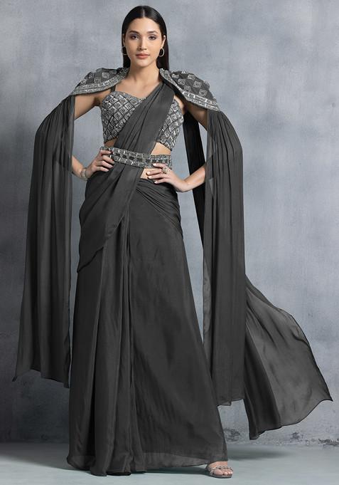 Grey Pre-Stitched Saree And Hand Embroidered Blouse Set With Belt And Cape