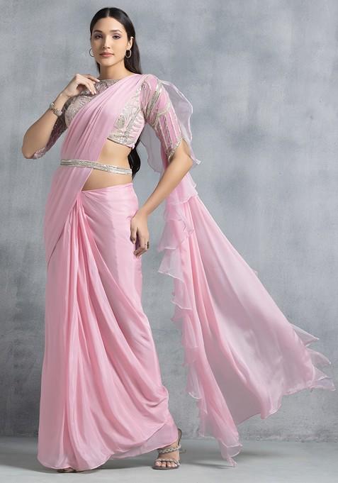 Pastel Pink Ruffled Pre-Stitched Saree Set With Sequin Hand Work Blouse And Belt