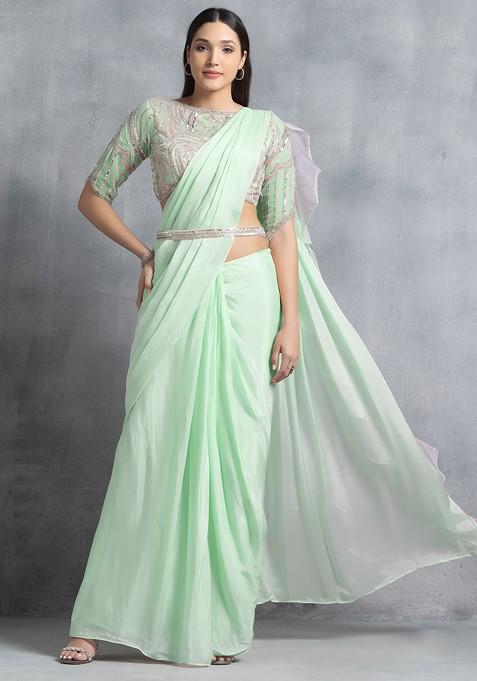 Pastel Green Ruffled Pre-Stitched Saree Set With Sequin Hand Work Blouse And Belt