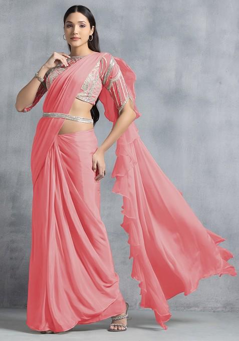 Peach Ruffled Pre-Stitched Saree Set With Sequin Hand Work Blouse And Belt