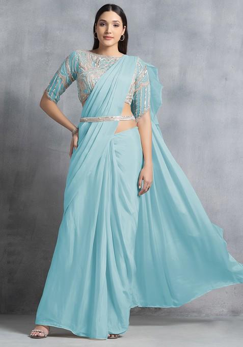 Pastel Blue Ruffled Pre-Stitched Saree Set With Sequin Hand Work Blouse And Belt