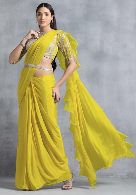 Yellow Ruffled Pre-Stitched Saree Set With Sequin Hand Work Blouse And Belt