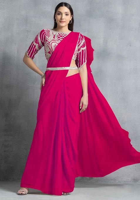 Hot Pink Ruffled Pre-Stitched Saree Set With Sequin Hand Work Blouse And Belt