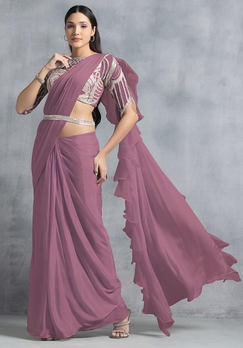 Mauve Ruffled Pre-Stitched Saree Set With Sequin Hand Work Blouse And Belt