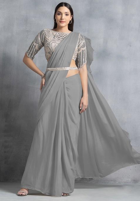 Grey Ruffled Pre-Stitched Saree Set With Sequin Hand Work Blouse And Belt