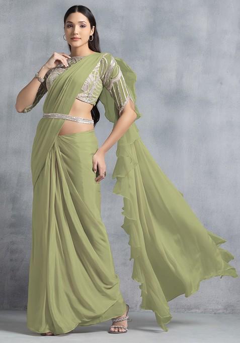 Moss Green Ruffled Pre-Stitched Saree Set With Sequin Hand Work Blouse And Belt