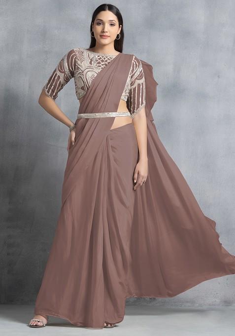 Brown Ruffled Pre-Stitched Saree Set With Sequin Hand Work Blouse And Belt