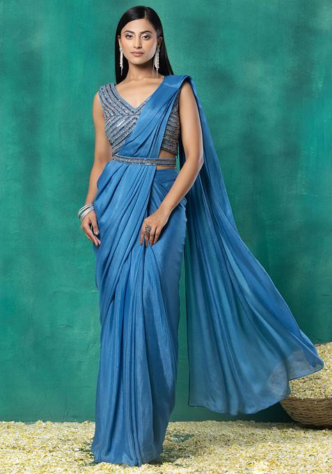 Blue Pre-Stitched Saree Set With Sequin Hand Work Blouse And Embellished Belt