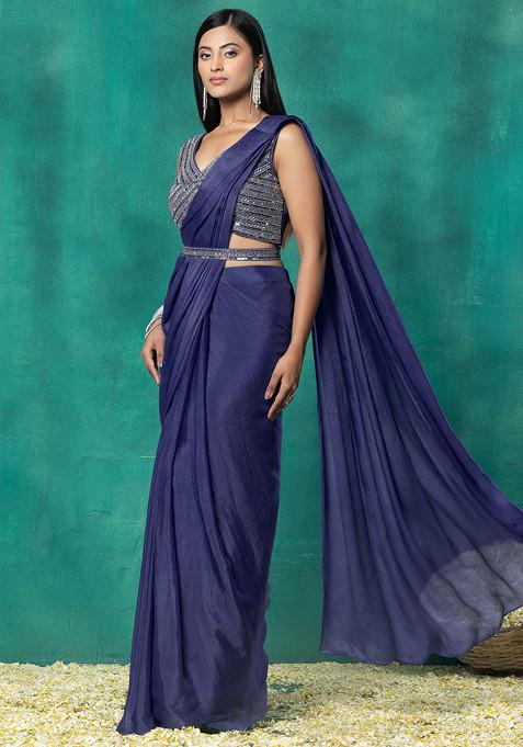 Indigo Blue Pre-Stitched Saree Set With Sequin Hand Work Blouse And Embellished Belt