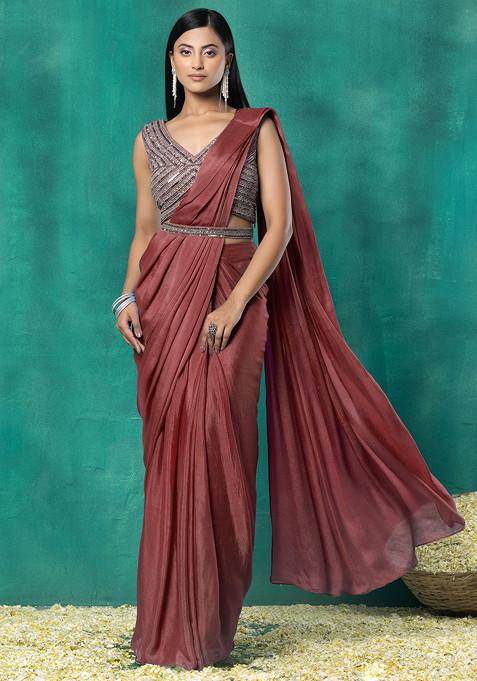 Peach Pre-Stitched Saree Set With Sequin Hand Work Blouse And Embellished Belt