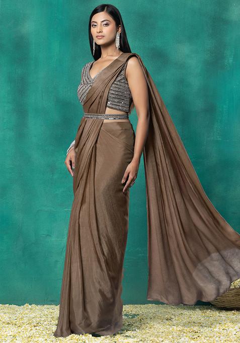 Brown Pre-Stitched Saree Set With Sequin Hand Work Blouse And Embellished Belt