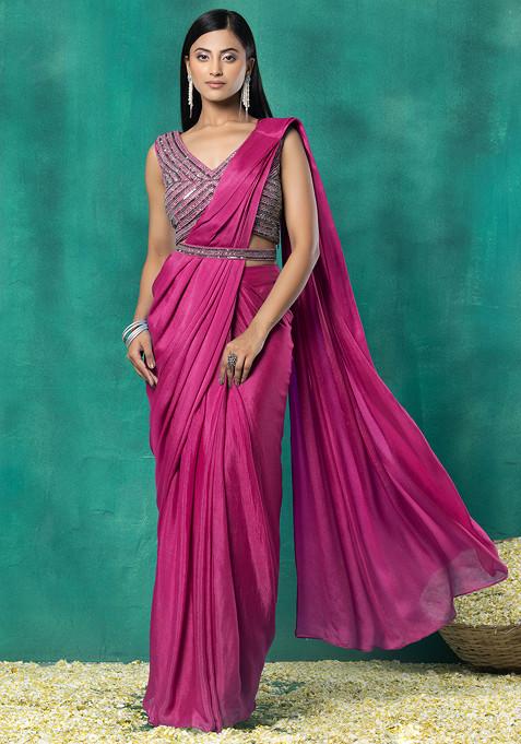 Hot Pink Pre-Stitched Saree Set With Sequin Hand Work Blouse And Embellished Belt