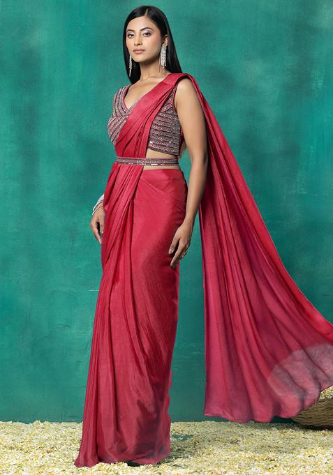 Red Pre-Stitched Saree Set With Sequin Hand Work Blouse And Embellished Belt