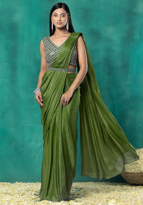 Olive Pre-Stitched Saree Set With Sequin Hand Work Blouse And Embellished Belt