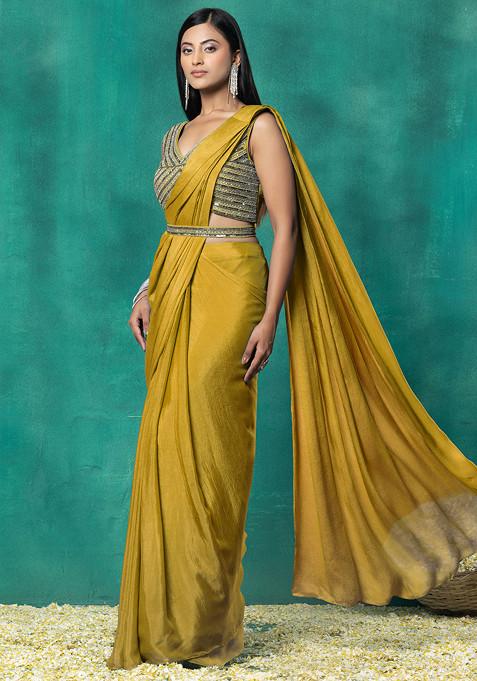 Mustard Pre-Stitched Saree Set With Sequin Hand Work Blouse And Embellished Belt