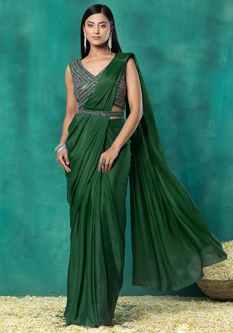 Green Pre-Stitched Saree Set With Sequin Hand Work Blouse And Embellished Belt