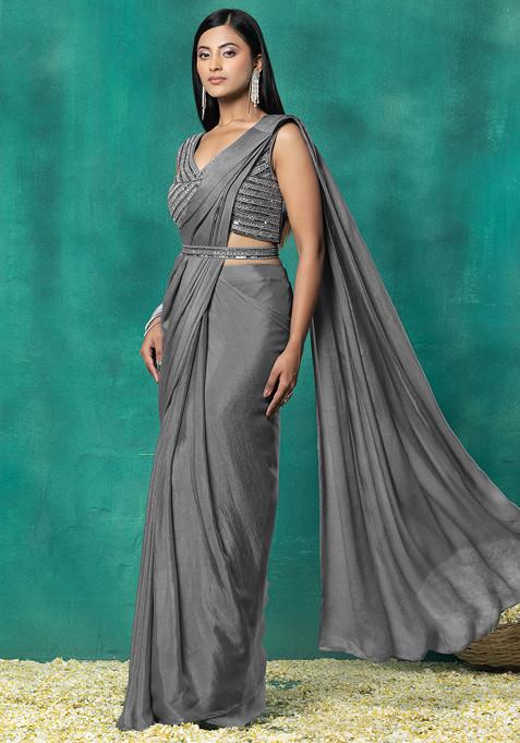 Grey Pre-Stitched Saree Set With Sequin Hand Work Blouse And Embellished Belt