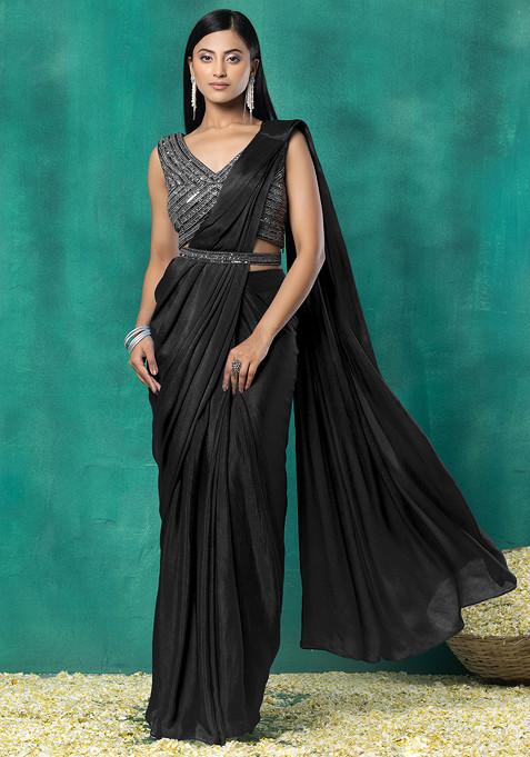 Black Pre-Stitched Saree Set With Sequin Hand Work Blouse And Embellished Belt