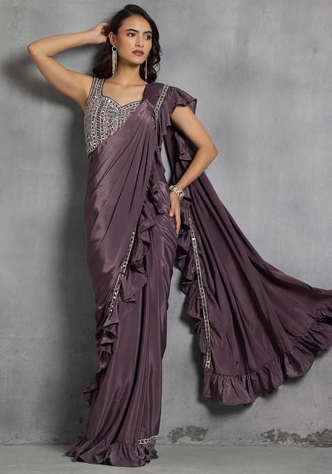 Brown Pre-Stitched Saree Set With Mirror Mukaish Work Blouse