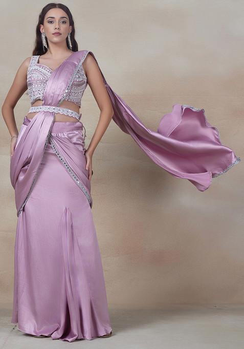 Purple Saree Set With Embellished Blouse And Belt