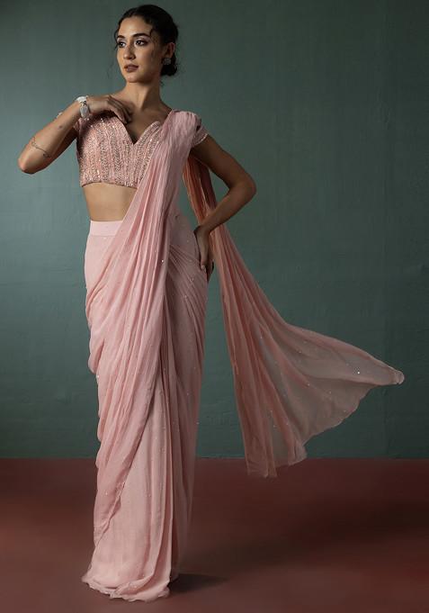 Pink Pre Stitched Saree Set With Bead Sequin Embellished Blouse